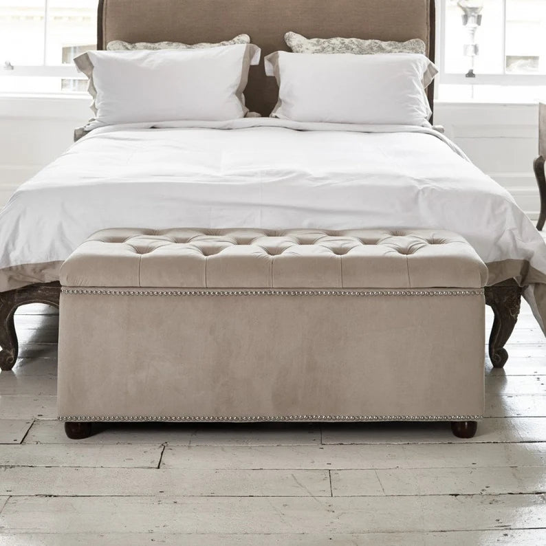 Velvet Upholstered Ottoman Storage Box Bedroom Footstool Tufted Blanke
